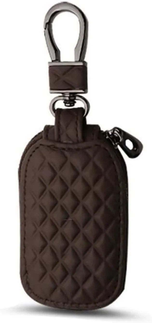 Car Key Case with Metal Hook, Genuine Leather Remote Zipper Bag (Coffee)